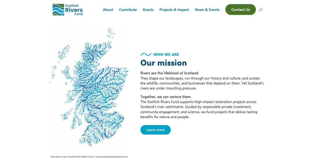Screenshot of the Scottish Rivers Fund website, featuring the river basin map of Scotland by Grasshopper Geography next to the Fund's mission statement.