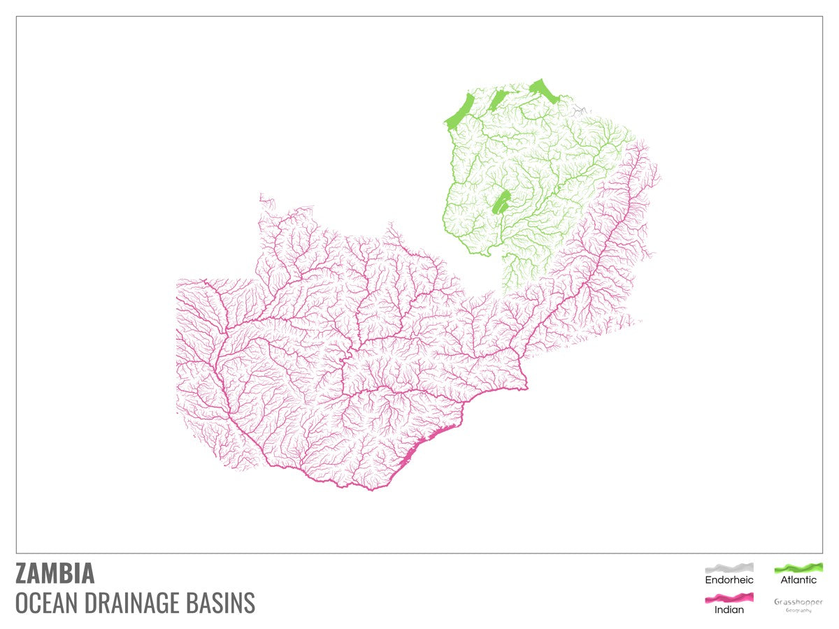 Ocean drainage basin map of Zambia - white with legend – Grasshopper ...