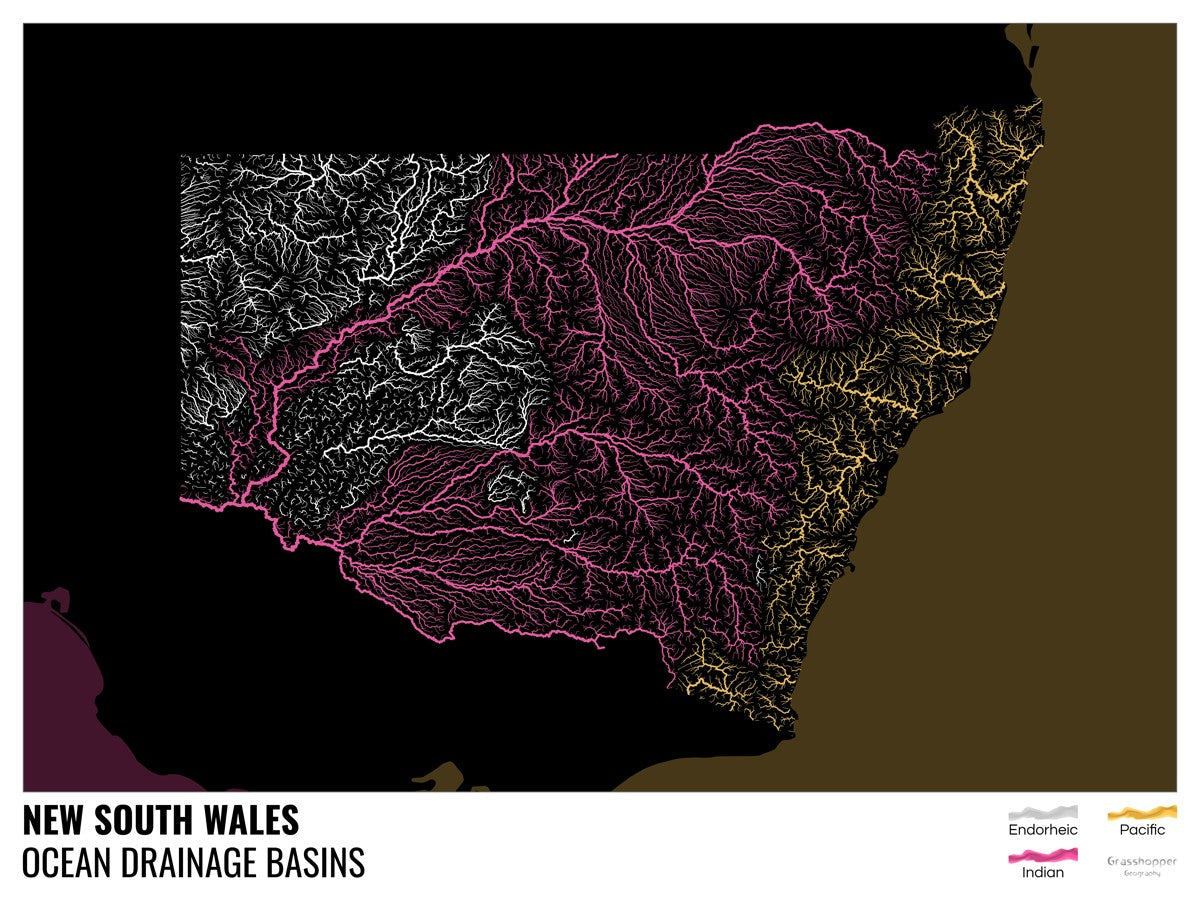Ocean drainage basin map of New South Wales - black with polygons and ...