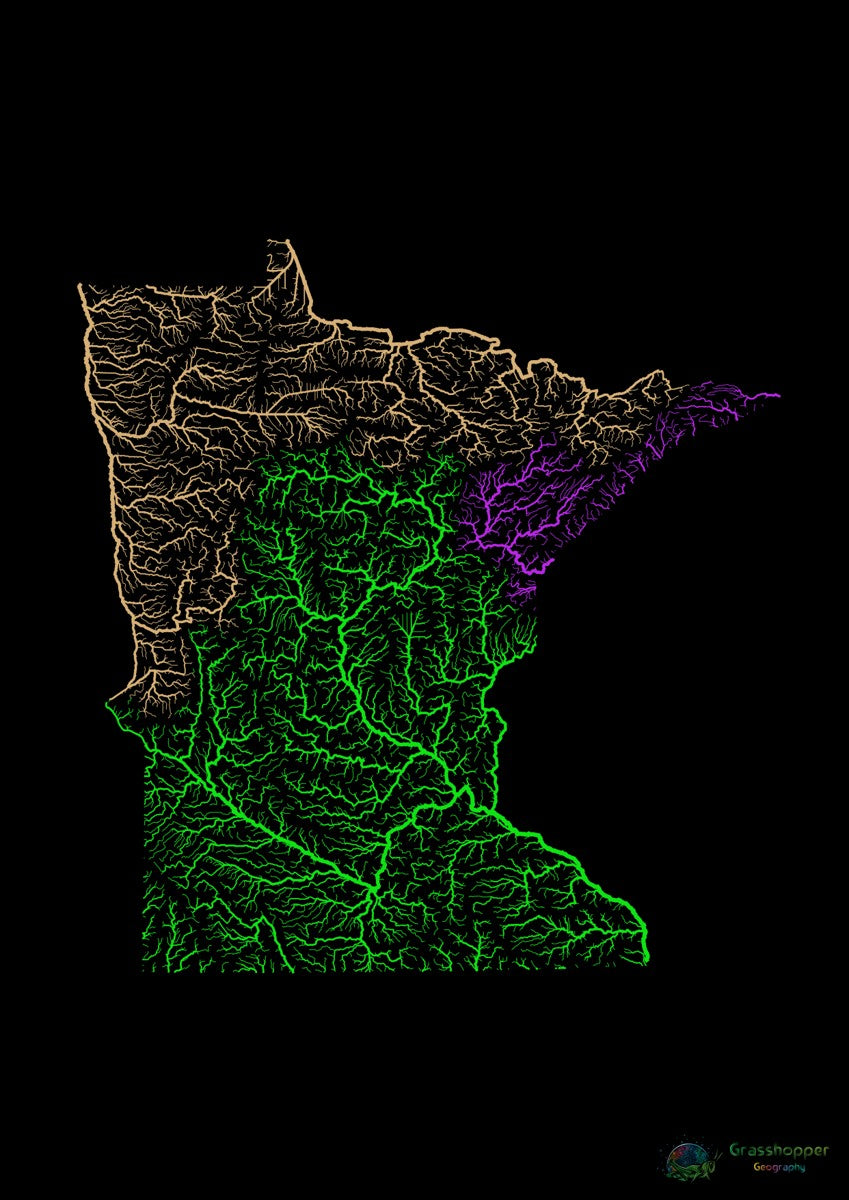 River basin map of Minnesota with black background – Grasshopper Geography