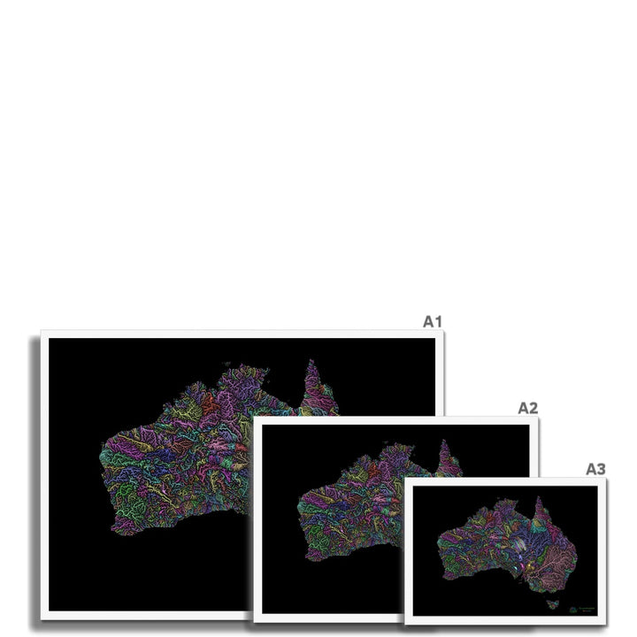 Mapa de la cuenca fluvial de Australia pastel sobre negro Lámina enmarcada