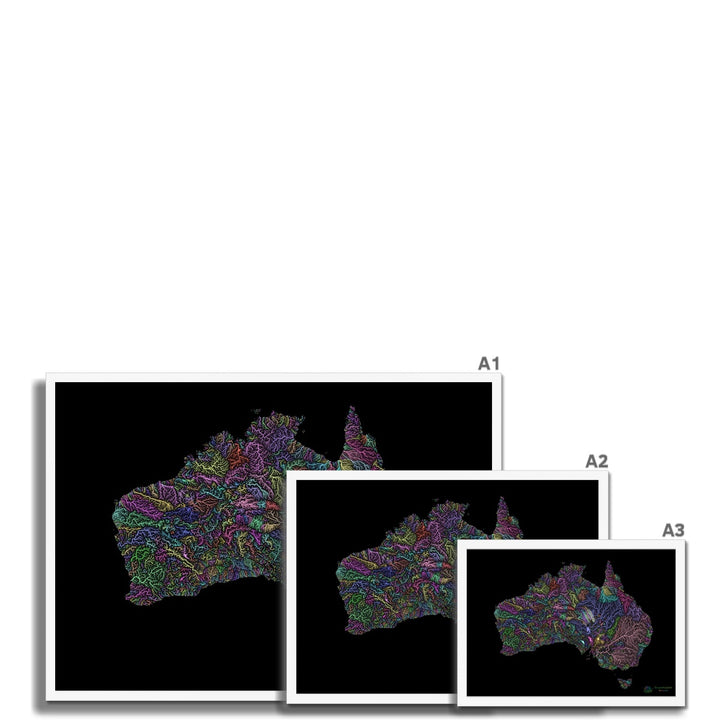 Carte du bassin fluvial de l'Australie pastel sur noir Impression encadrée