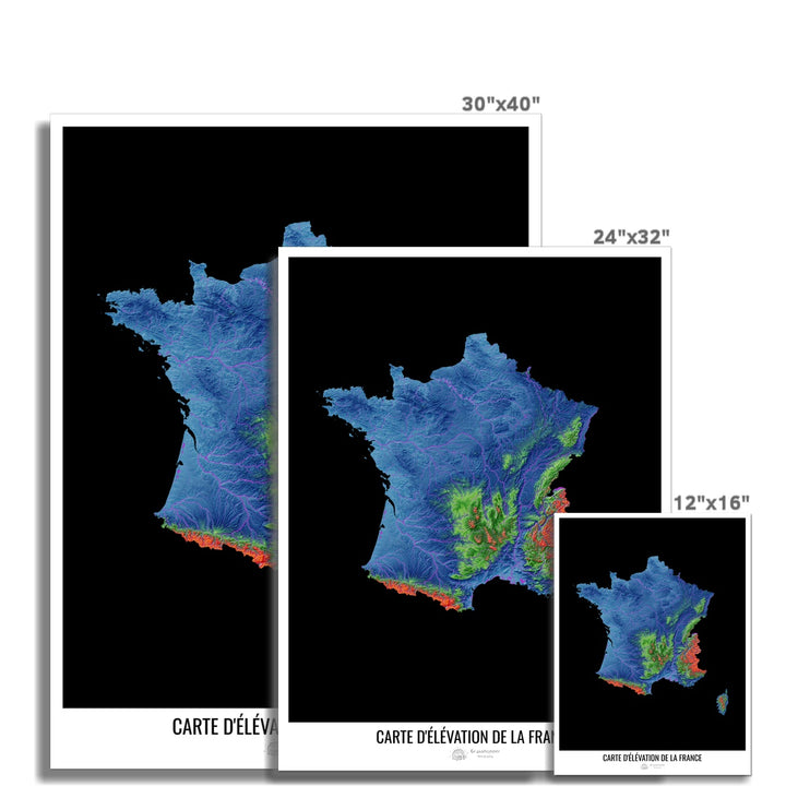 CUSTOM Elevation map of France - French Photo Art Print