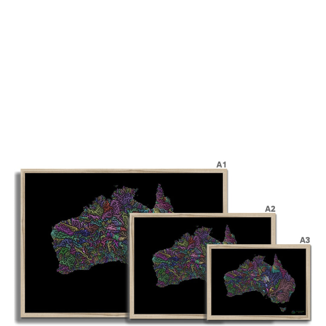 River basin map of Australia pastel on black Framed Print