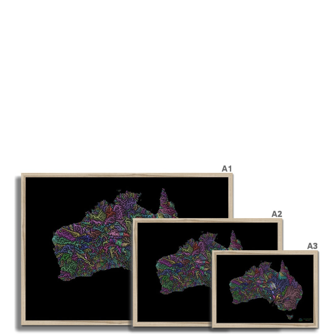 Mapa de la cuenca fluvial de Australia pastel sobre negro Lámina enmarcada