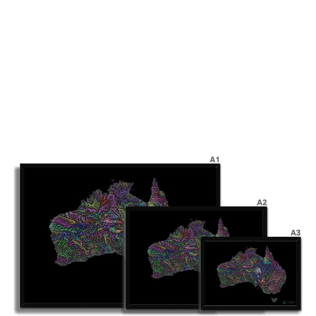 Mapa de la cuenca fluvial de Australia pastel sobre negro Lámina enmarcada