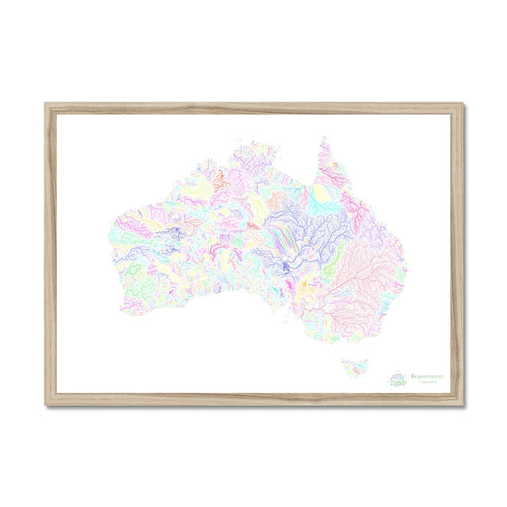 Carte du bassin fluvial de l'Australie pastel sur blanc Impression encadrée
