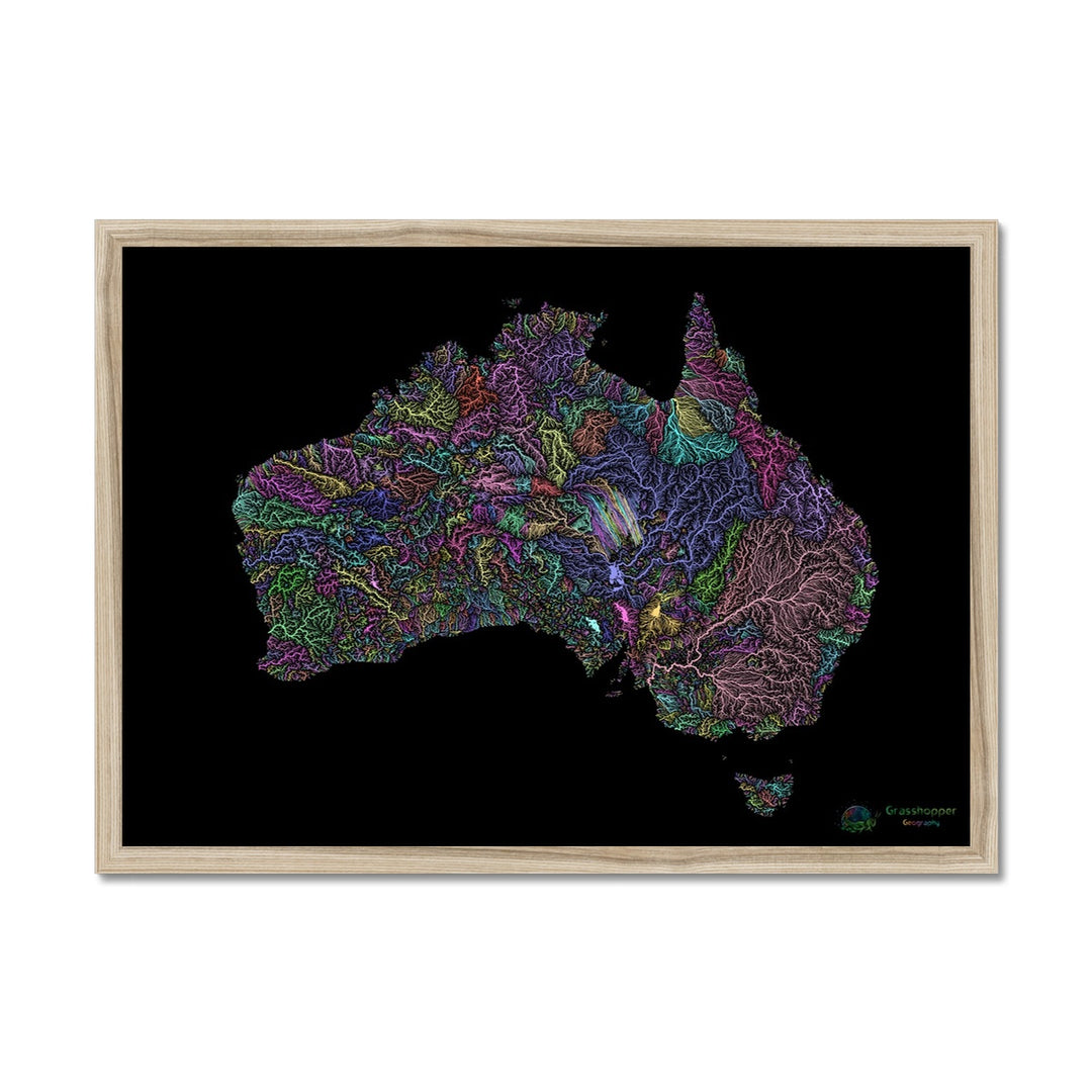 River basin map of Australia pastel on black Framed Print