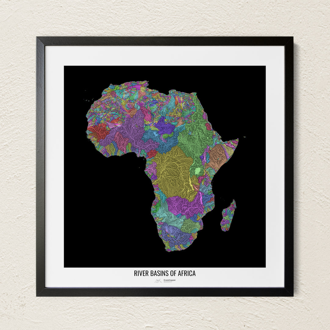 A colorful Grasshopper Geography river map on a light wall. The premium fine art poster is in a black frame with a white border. The name of the country, continent or region is printed under the image.