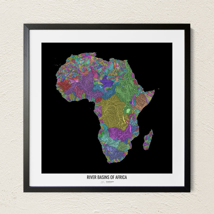 A colorful Grasshopper Geography river map on a light wall. The premium fine art poster is in a black frame with a white border. The name of the country, continent or region is printed under the image.