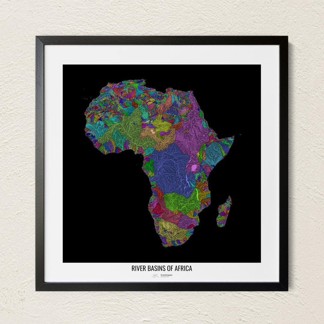 A colorful Grasshopper Geography river map on a light wall. The premium fine art poster is in a black frame with a white border. The name of the country, continent or region is printed under the image.