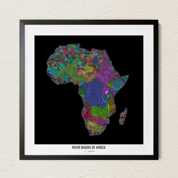 A colorful Grasshopper Geography river map on a light wall. The premium fine art poster is in a black frame with a white border. The name of the country, continent or region is printed under the image.