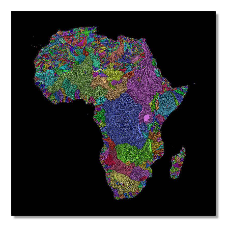 Africa - River basin map, rainbow colours - Wall Art by Grasshopper Geography. Image of a high-resolution map created by geographer Robert Szucs, available as wall art and for licensing.