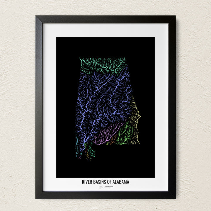 A colorful Grasshopper Geography river map on a light wall. The premium fine art poster is in a black frame with a white border. The name of the country, continent or region is printed under the image.