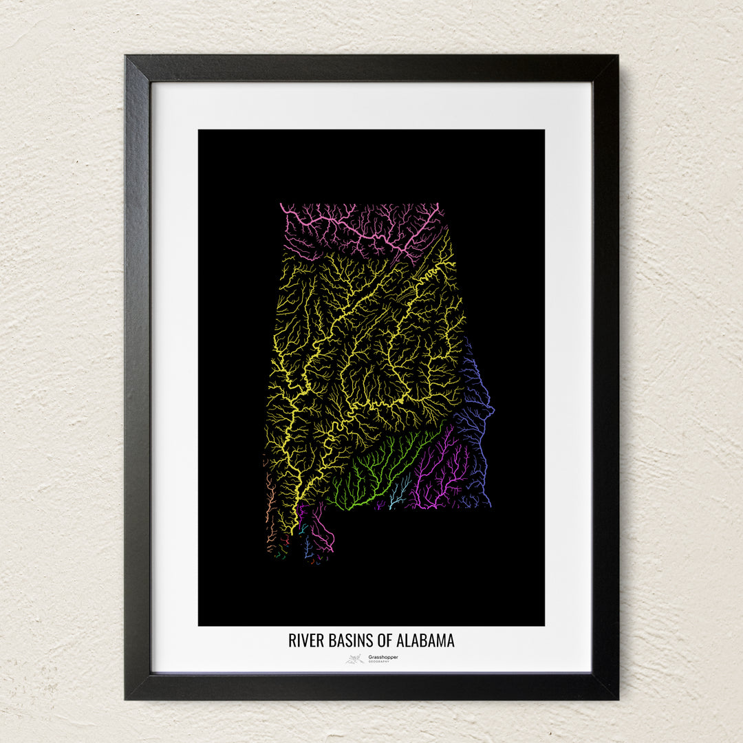 A colorful Grasshopper Geography river map on a light wall. The premium fine art poster is in a black frame with a white border. The name of the country, continent or region is printed under the image.