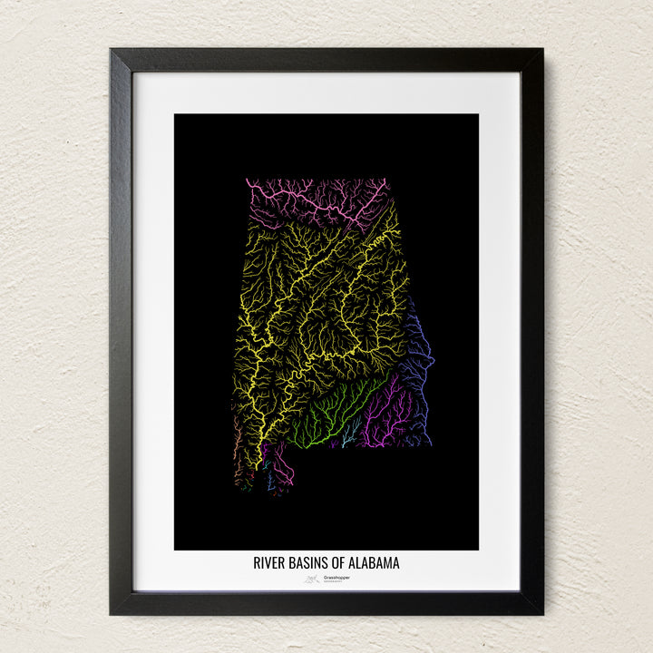 A colorful Grasshopper Geography river map on a light wall. The premium fine art poster is in a black frame with a white border. The name of the country, continent or region is printed under the image.