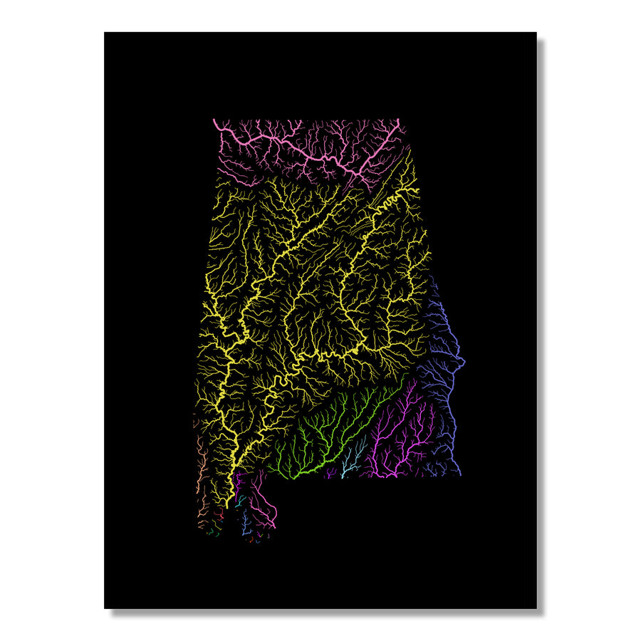 Alabama - River basin map, rainbow colours - Wall Art by Grasshopper Geography. Image of a high-resolution map created by geographer Robert Szucs, available as wall art and for licensing.