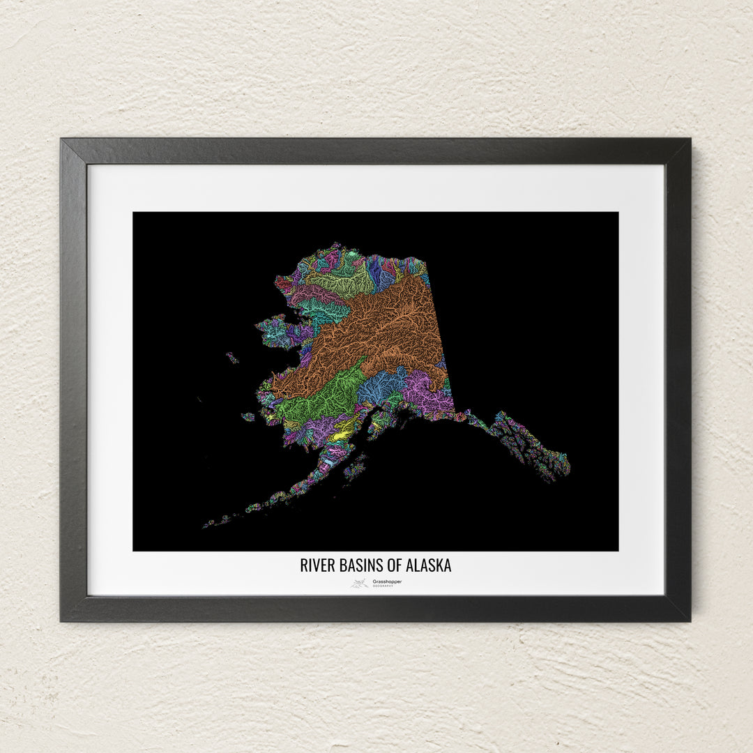 A colorful Grasshopper Geography river map on a light wall. The premium fine art poster is in a black frame with a white border. The name of the country, continent or region is printed under the image.