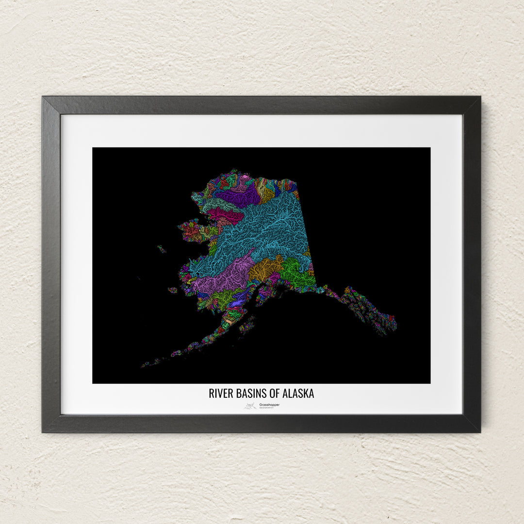 A colorful Grasshopper Geography river map on a light wall. The premium fine art poster is in a black frame with a white border. The name of the country, continent or region is printed under the image.