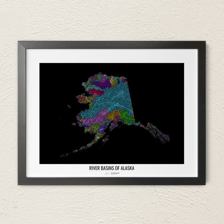 A colorful Grasshopper Geography river map on a light wall. The premium fine art poster is in a black frame with a white border. The name of the country, continent or region is printed under the image.
