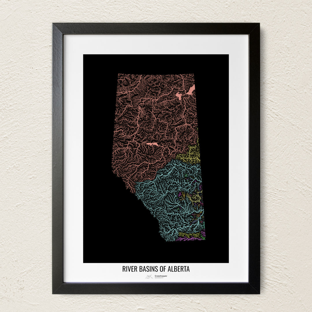 A colorful Grasshopper Geography river map on a light wall. The premium fine art poster is in a black frame with a white border. The name of the country, continent or region is printed under the image.