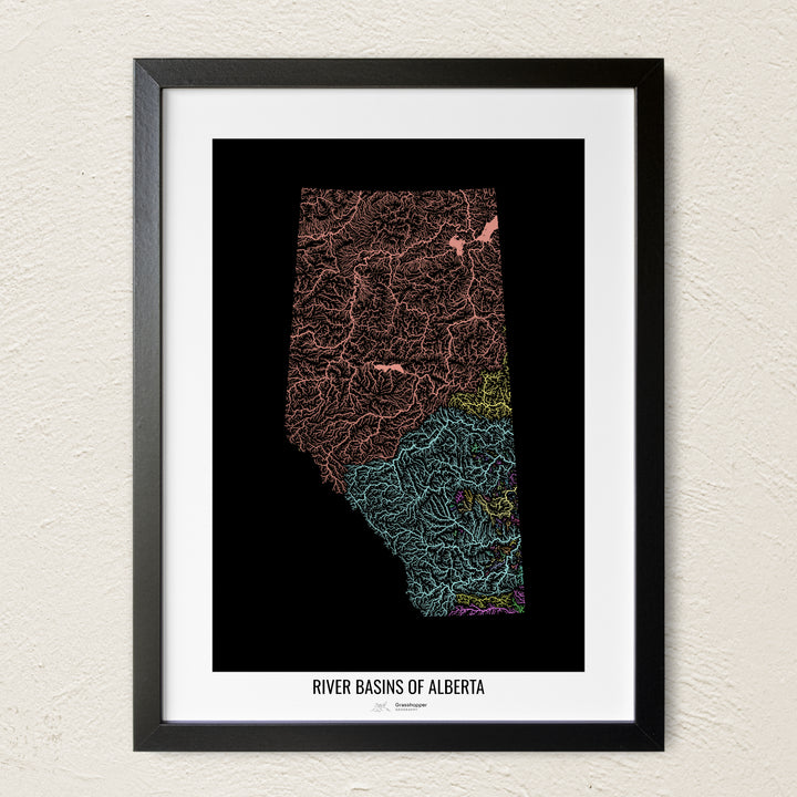 A colorful Grasshopper Geography river map on a light wall. The premium fine art poster is in a black frame with a white border. The name of the country, continent or region is printed under the image.