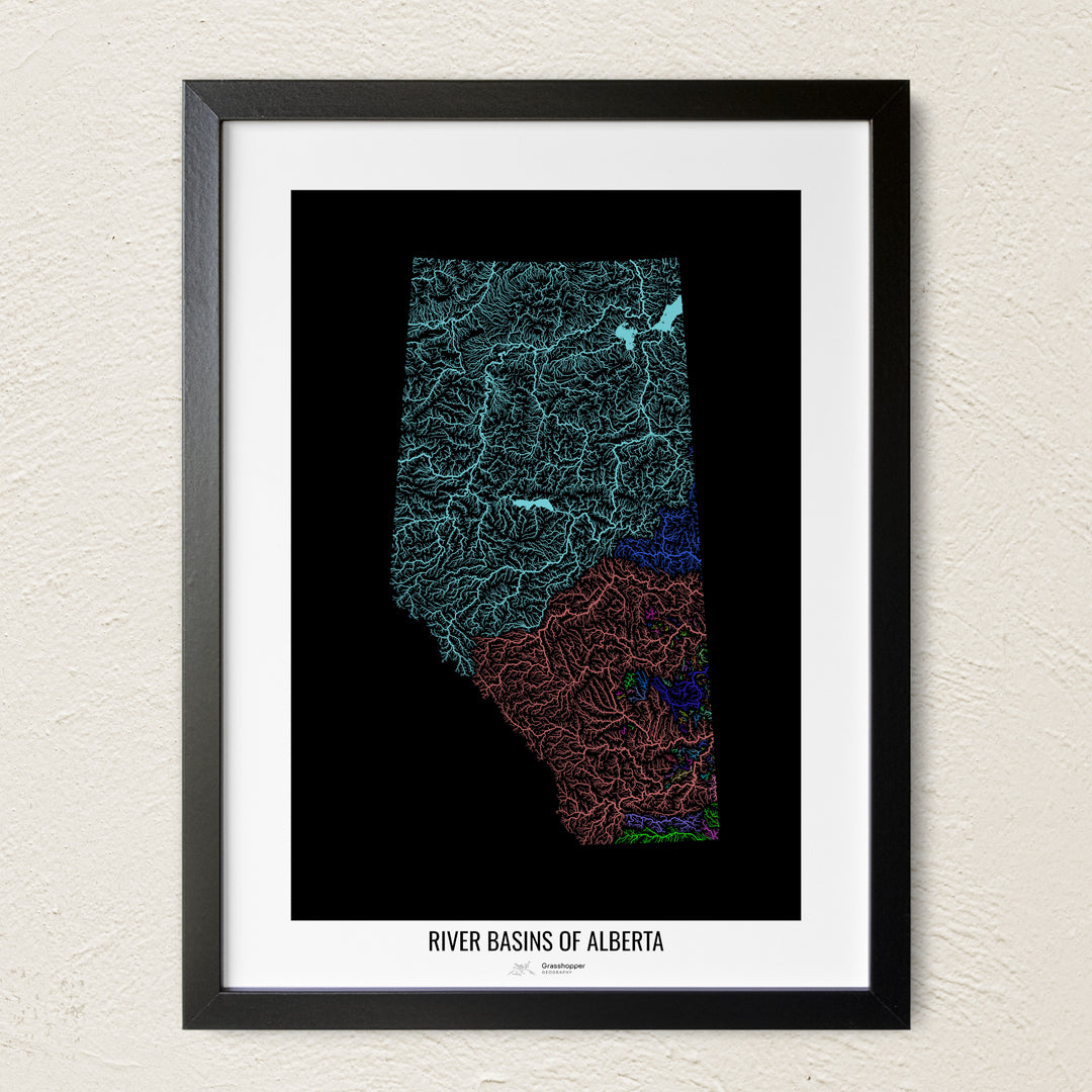 A colorful Grasshopper Geography river map on a light wall. The premium fine art poster is in a black frame with a white border. The name of the country, continent or region is printed under the image.