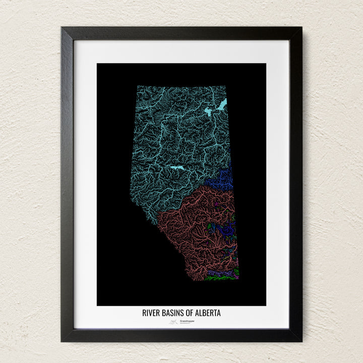 A colorful Grasshopper Geography river map on a light wall. The premium fine art poster is in a black frame with a white border. The name of the country, continent or region is printed under the image.