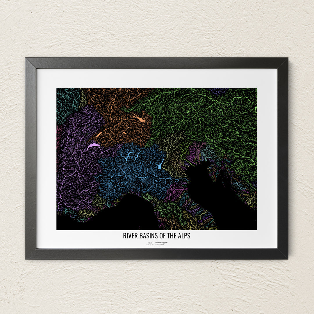 A colorful Grasshopper Geography river map on a light wall. The premium fine art poster is in a black frame with a white border. The name of the country, continent or region is printed under the image.