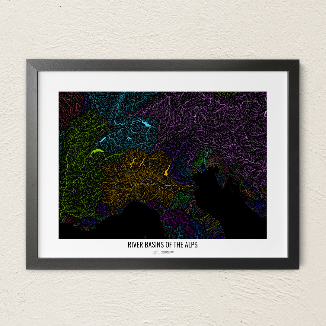 A colorful Grasshopper Geography river map on a light wall. The premium fine art poster is in a black frame with a white border. The name of the country, continent or region is printed under the image.