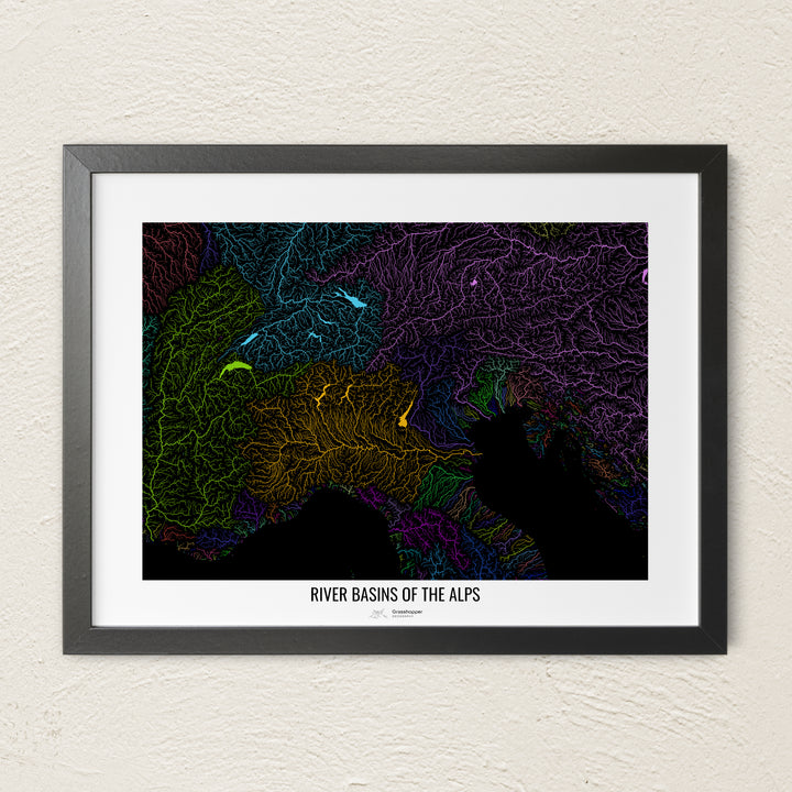 A colorful Grasshopper Geography river map on a light wall. The premium fine art poster is in a black frame with a white border. The name of the country, continent or region is printed under the image.
