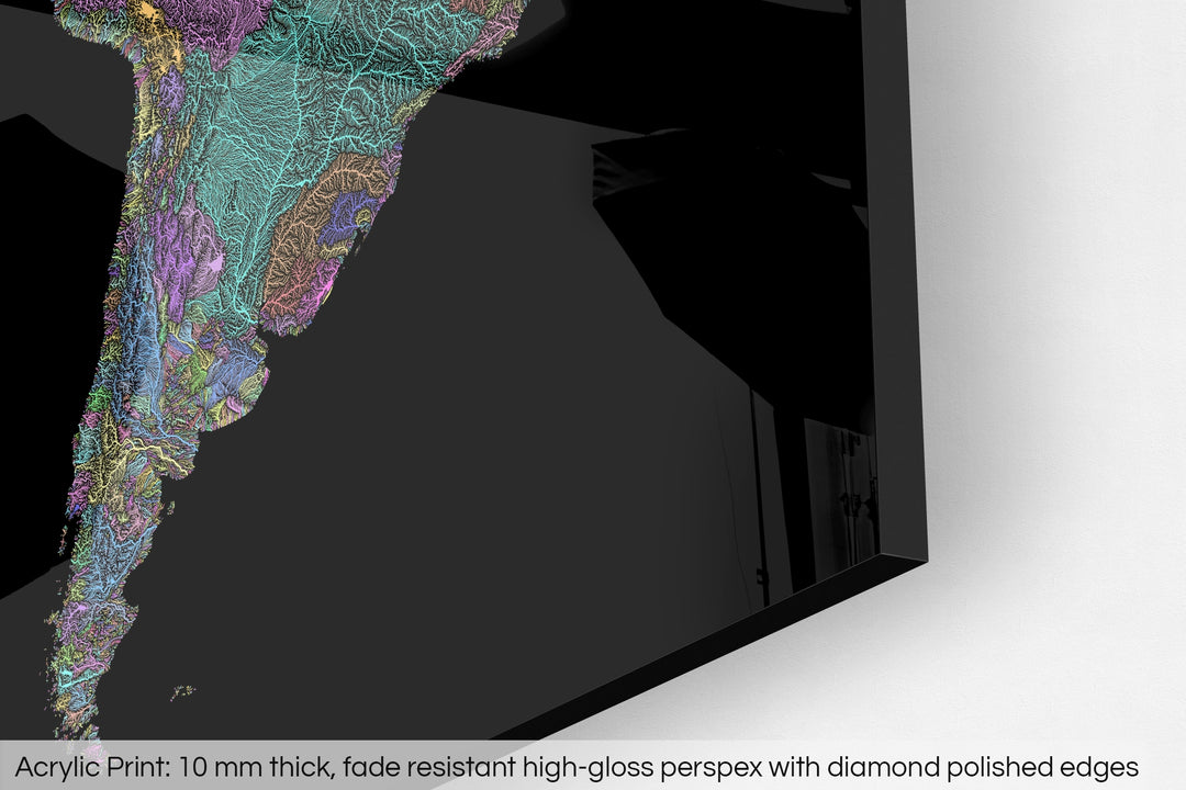 Closeup of an acrylic panel's corner, the details of a Grasshopper Geography map is visible. The text at the bottom reads: Acrylic print - 10 mm thick, fade reistant high-gloss perspex with diamond polished edges.