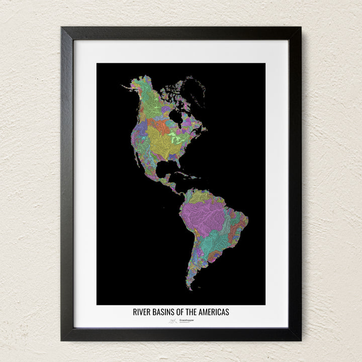 A colorful Grasshopper Geography river map on a light wall. The premium fine art poster is in a black frame with a white border. The name of the country, continent or region is printed under the image.