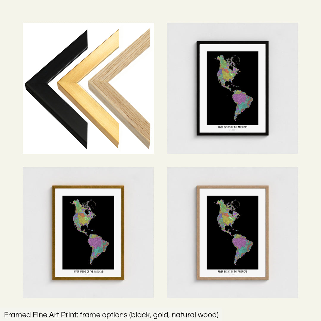 The image shows the different frames available at Grasshopper Geography's map shop: black, golden and natural wood. The image is a collection of four smaller pictures: the first one shows the wooden frames up close, the other three are mockups of the printed map in each frame.