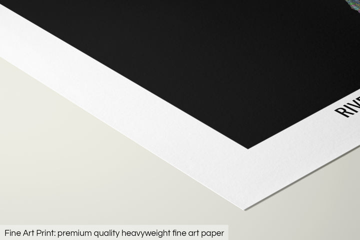 Closeup of a fine art print's corner lying on a flat surface, the details of a Grasshopper Geography map is visible. The text at the bottom reads: Fine art print - premium quality heavyweight fine art paper.