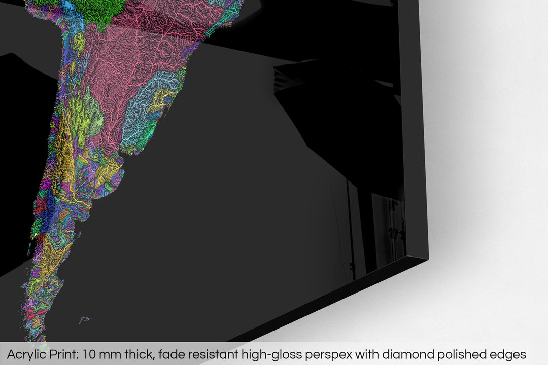 Closeup of an acrylic panel's corner, the details of a Grasshopper Geography map is visible. The text at the bottom reads: Acrylic print - 10 mm thick, fade reistant high-gloss perspex with diamond polished edges.
