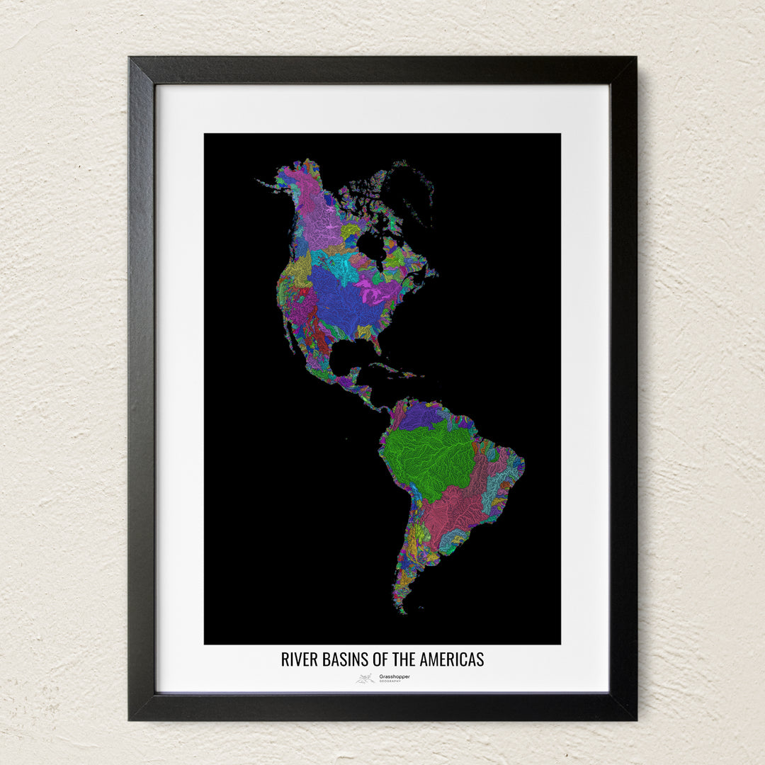 A colorful Grasshopper Geography river map on a light wall. The premium fine art poster is in a black frame with a white border. The name of the country, continent or region is printed under the image.