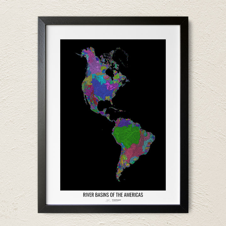 A colorful Grasshopper Geography river map on a light wall. The premium fine art poster is in a black frame with a white border. The name of the country, continent or region is printed under the image.