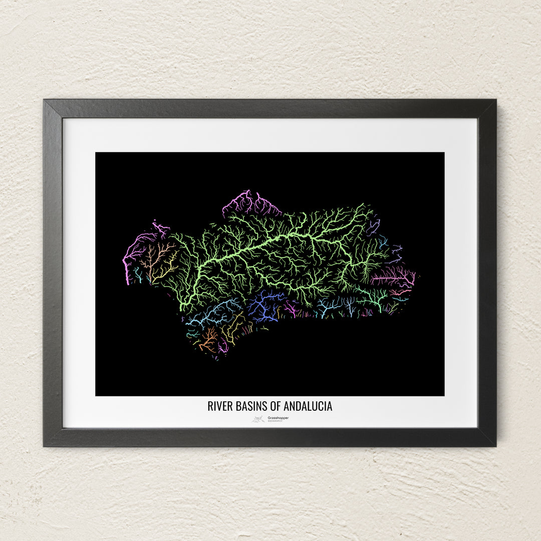 A colorful Grasshopper Geography river map on a light wall. The premium fine art poster is in a black frame with a white border. The name of the country, continent or region is printed under the image.
