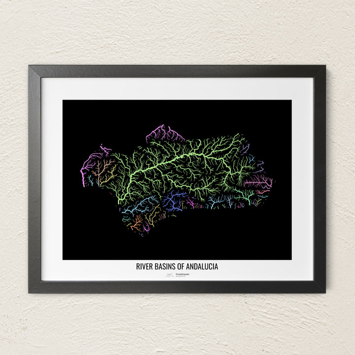 A colorful Grasshopper Geography river map on a light wall. The premium fine art poster is in a black frame with a white border. The name of the country, continent or region is printed under the image.