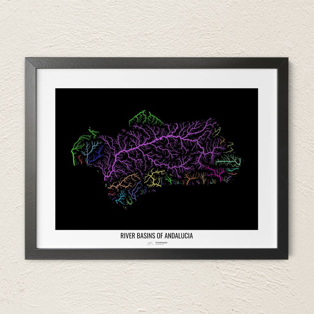 A colorful Grasshopper Geography river map on a light wall. The premium fine art poster is in a black frame with a white border. The name of the country, continent or region is printed under the image.