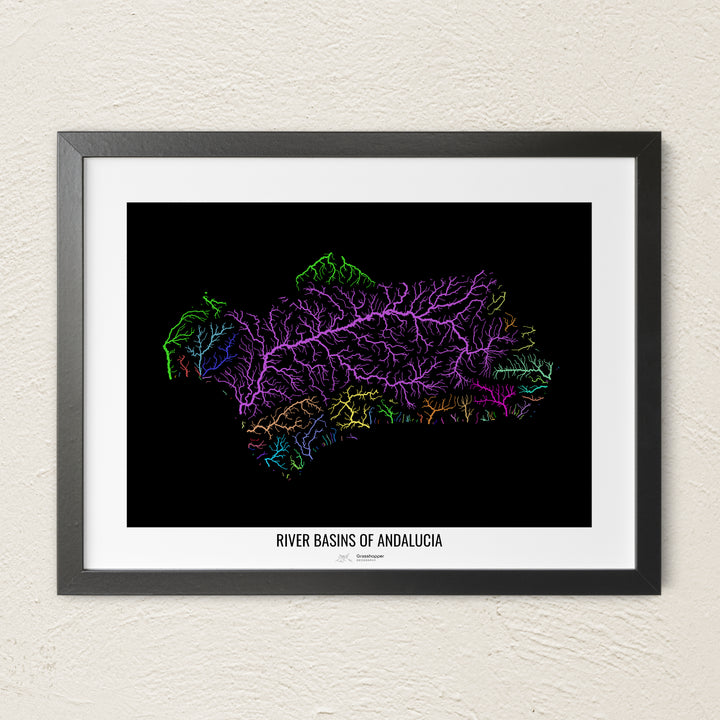 A colorful Grasshopper Geography river map on a light wall. The premium fine art poster is in a black frame with a white border. The name of the country, continent or region is printed under the image.