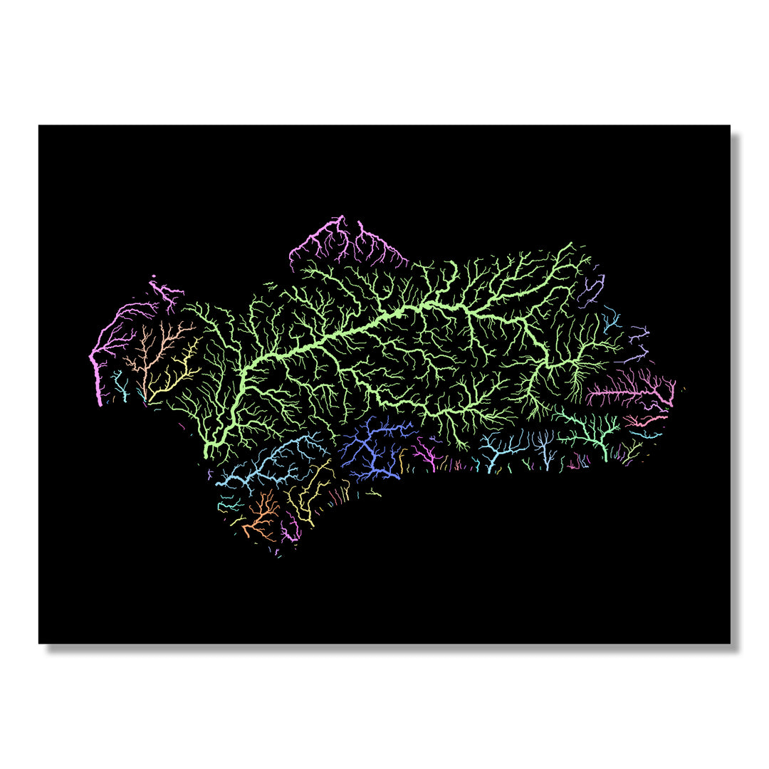 Andalusia - River basin map, pastel colours - Wall Art by Grasshopper Geography. Image of a high-resolution map created by geographer Robert Szucs, available as wall art and for licensing.