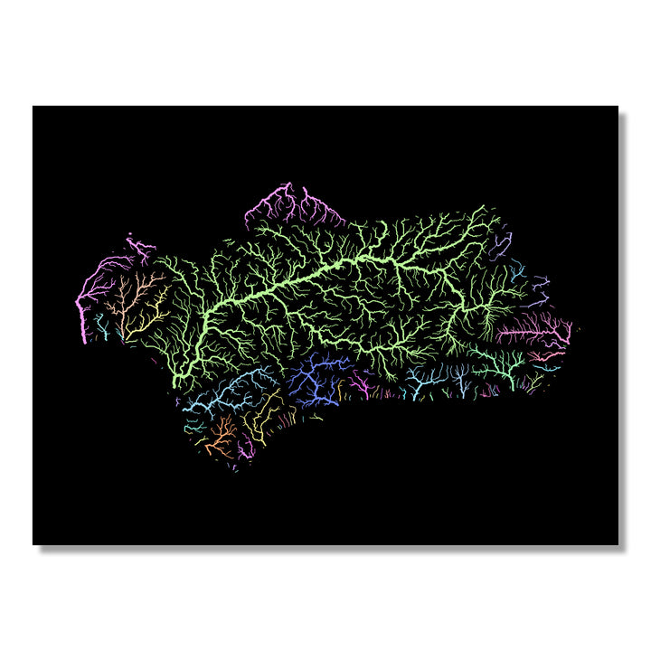 Andalusia - River basin map, pastel colours - Wall Art by Grasshopper Geography. Image of a high-resolution map created by geographer Robert Szucs, available as wall art and for licensing.