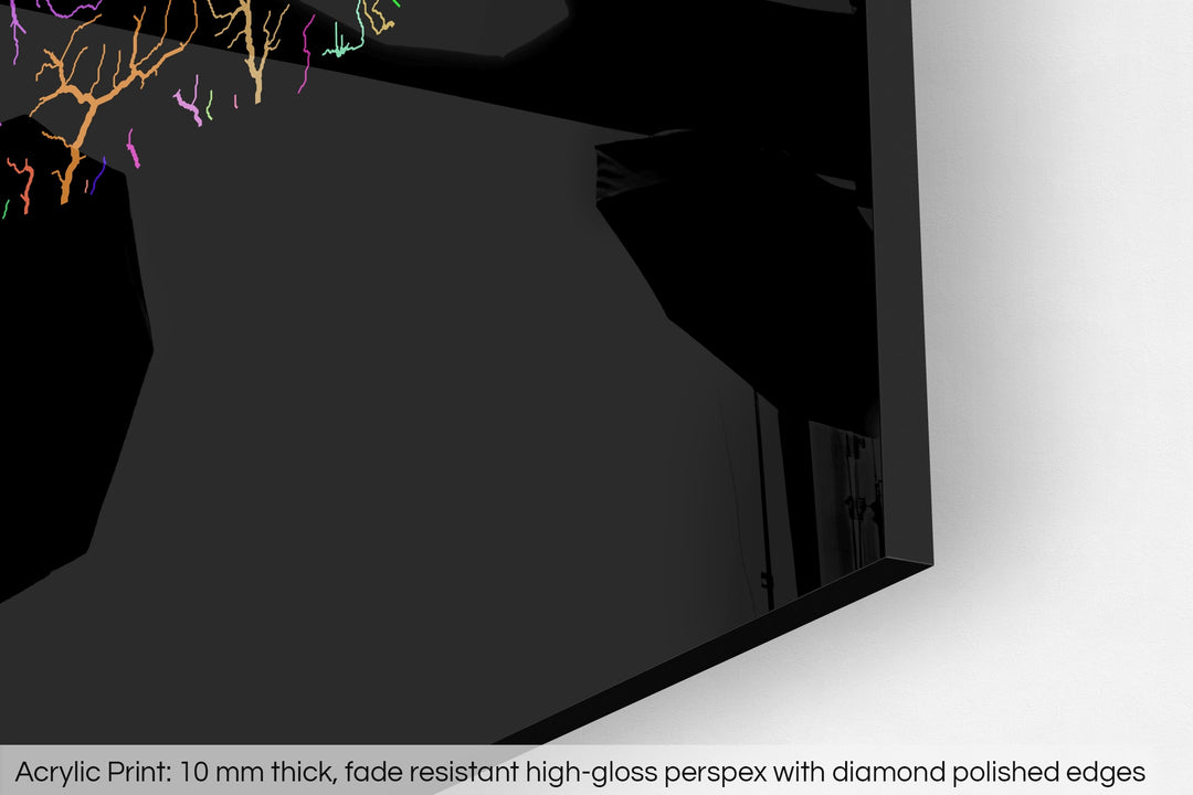 Closeup of an acrylic panel's corner, the details of a Grasshopper Geography map is visible. The text at the bottom reads: Acrylic print - 10 mm thick, fade reistant high-gloss perspex with diamond polished edges.