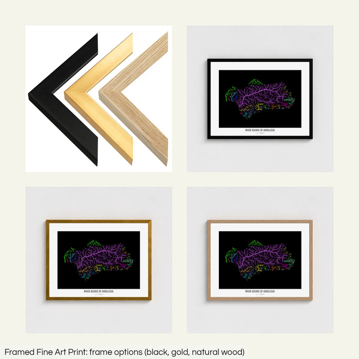 The image shows the different frames available at Grasshopper Geography's map shop: black, golden and natural wood. The image is a collection of four smaller pictures: the first one shows the wooden frames up close, the other three are mockups of the printed map in each frame.