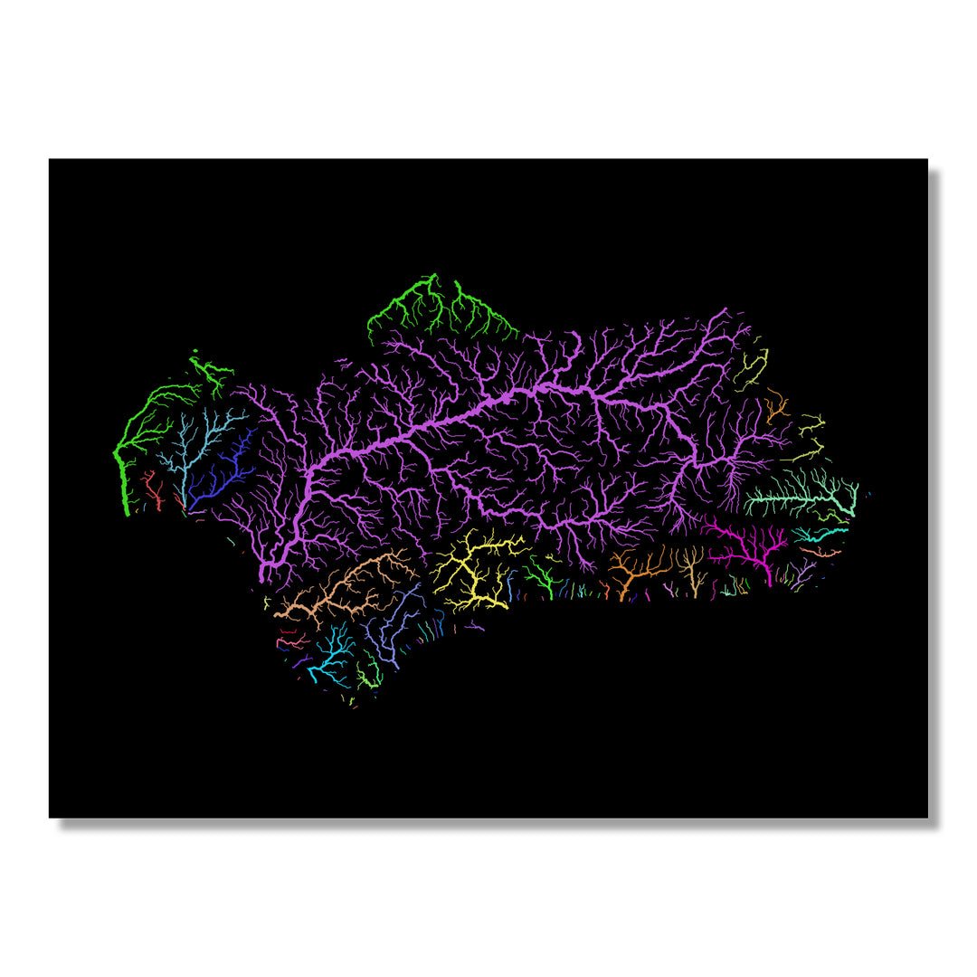 Andalusia - River basin map, rainbow colours - Wall Art by Grasshopper Geography. Image of a high-resolution map created by geographer Robert Szucs, available as wall art and for licensing.