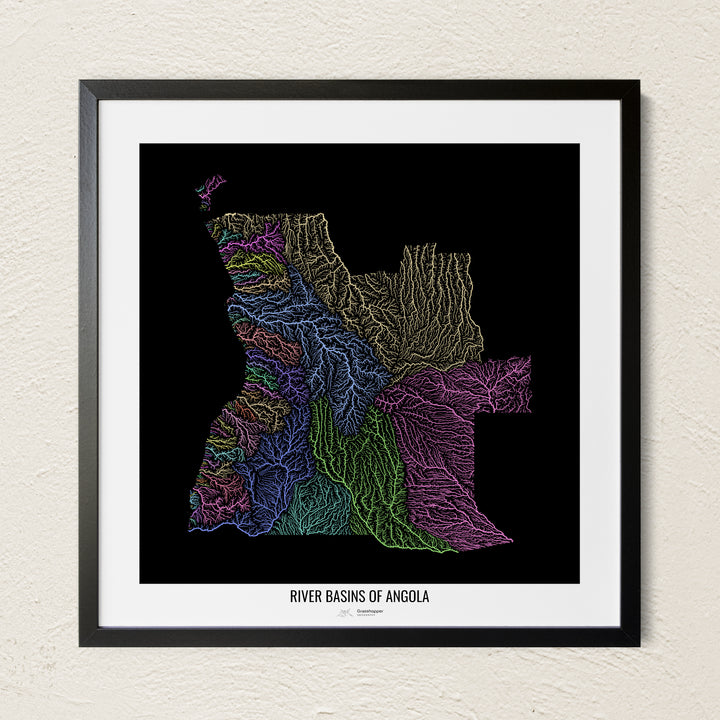 A colorful Grasshopper Geography river map on a light wall. The premium fine art poster is in a black frame with a white border. The name of the country, continent or region is printed under the image.