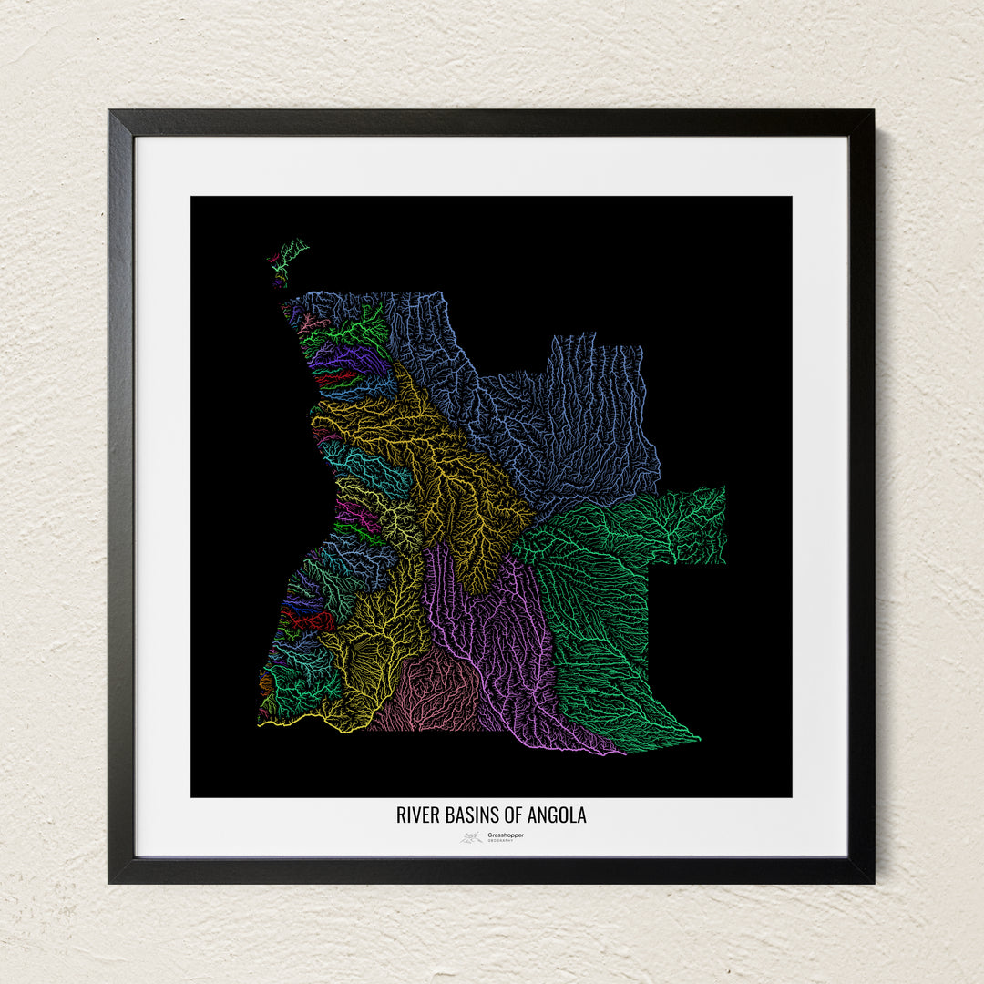 A colorful Grasshopper Geography river map on a light wall. The premium fine art poster is in a black frame with a white border. The name of the country, continent or region is printed under the image.