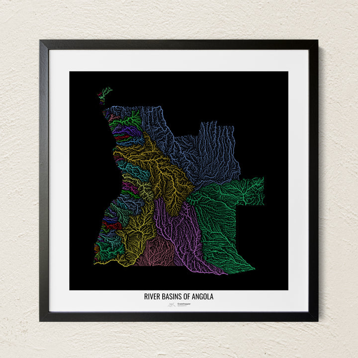 A colorful Grasshopper Geography river map on a light wall. The premium fine art poster is in a black frame with a white border. The name of the country, continent or region is printed under the image.